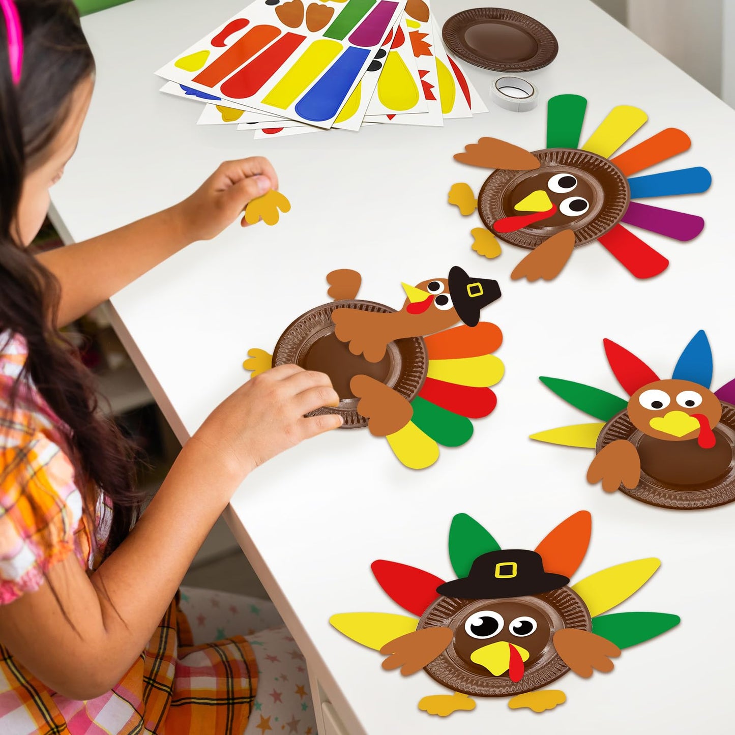 Cinrobiye 24 Sets Thanksgiving Turkey Craft Kits Fall Thanksgiving Ornaments Decorations Art Sets DIY Autumn Make a Turkey Crafts Stickers Arts and Crafts for Fall Party Classroom Activities (Cute)
