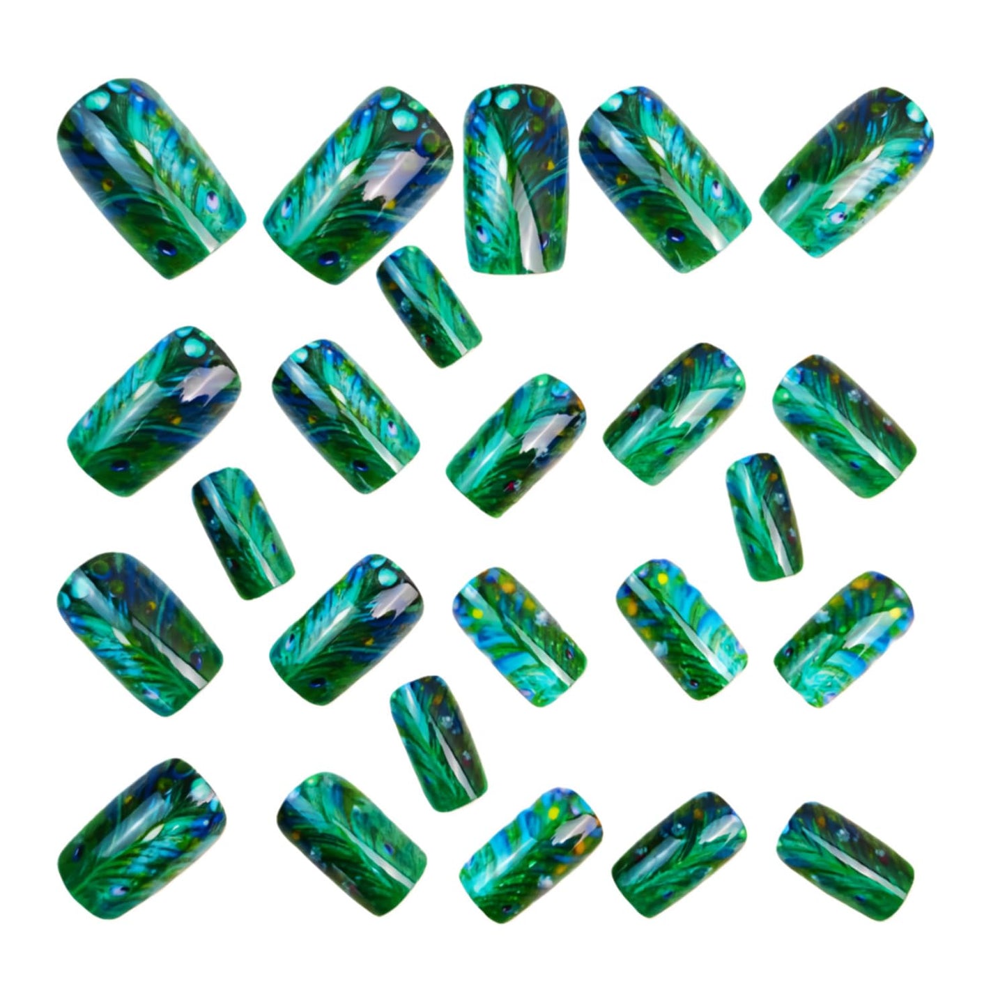 Green Press on Nails Medium Square Fake Nails Feathers False Nail Glossy Full Cover Acrylic Peacock Feather Stick on Nail for Women 24Pcs
