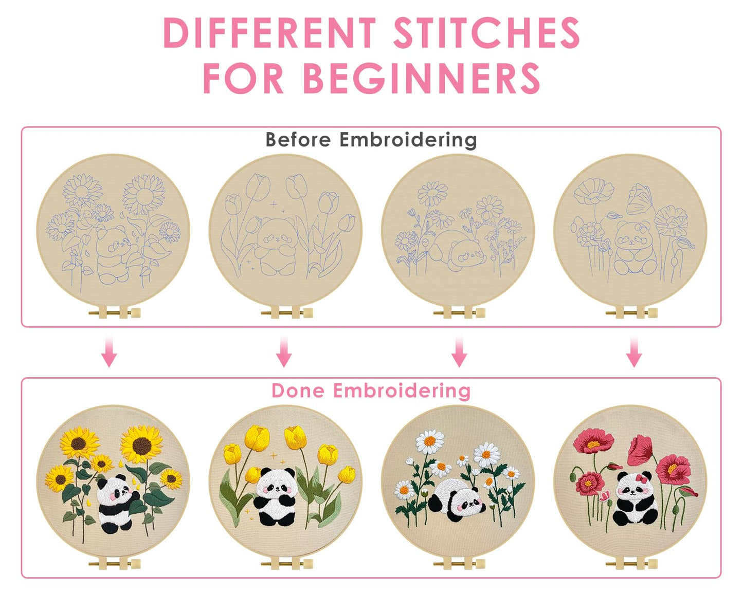 TINDTOP 4 Sets Embroidery Kit for Adult, Panda Embroidery Practice Kits for Beginners Include Embroidery Cloth Hoops Threads for Craft Lover Hand Stitch with Embroidery Skill Techniques