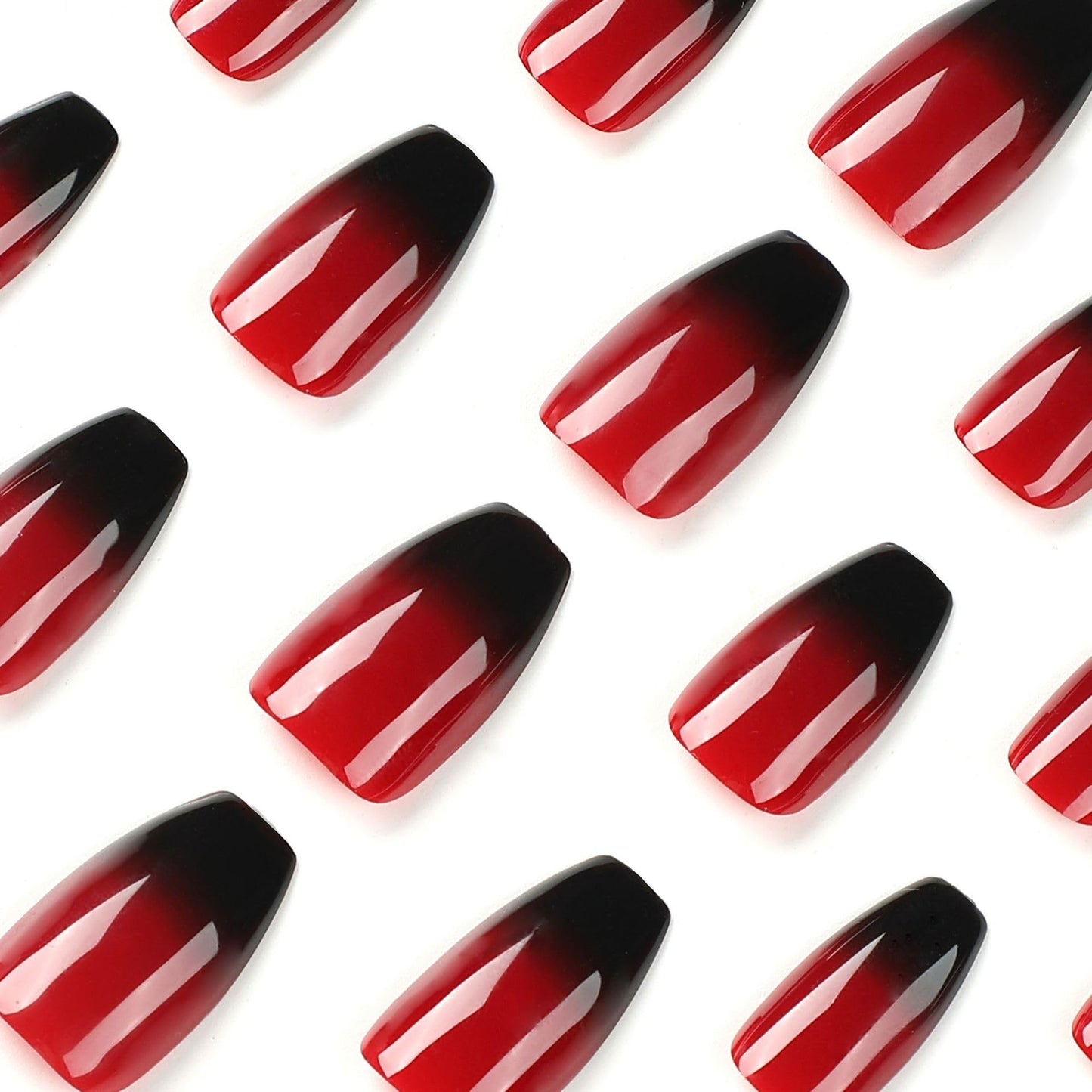 BABALAL Halloween Press on Nails Medium Coffin Fake Nails Black Red Goth Glue on Nails 24Pcs Glossy Ballerina Acrylic Nail for Women and Girls