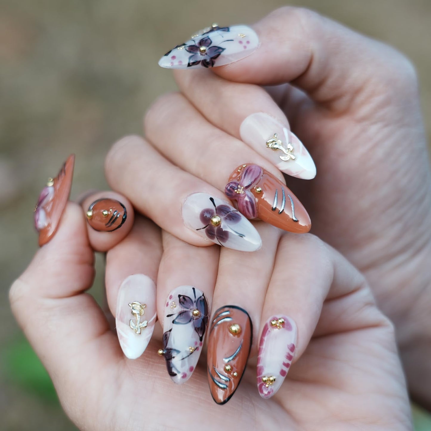 Tesytto Almond Press on Nails Handmade - 3D White Flower & Caramel Orange Glossy Design, Luxury Embossed Reusable False Nails for Daily Wear(Orange Pink Flower Glaze, M)
