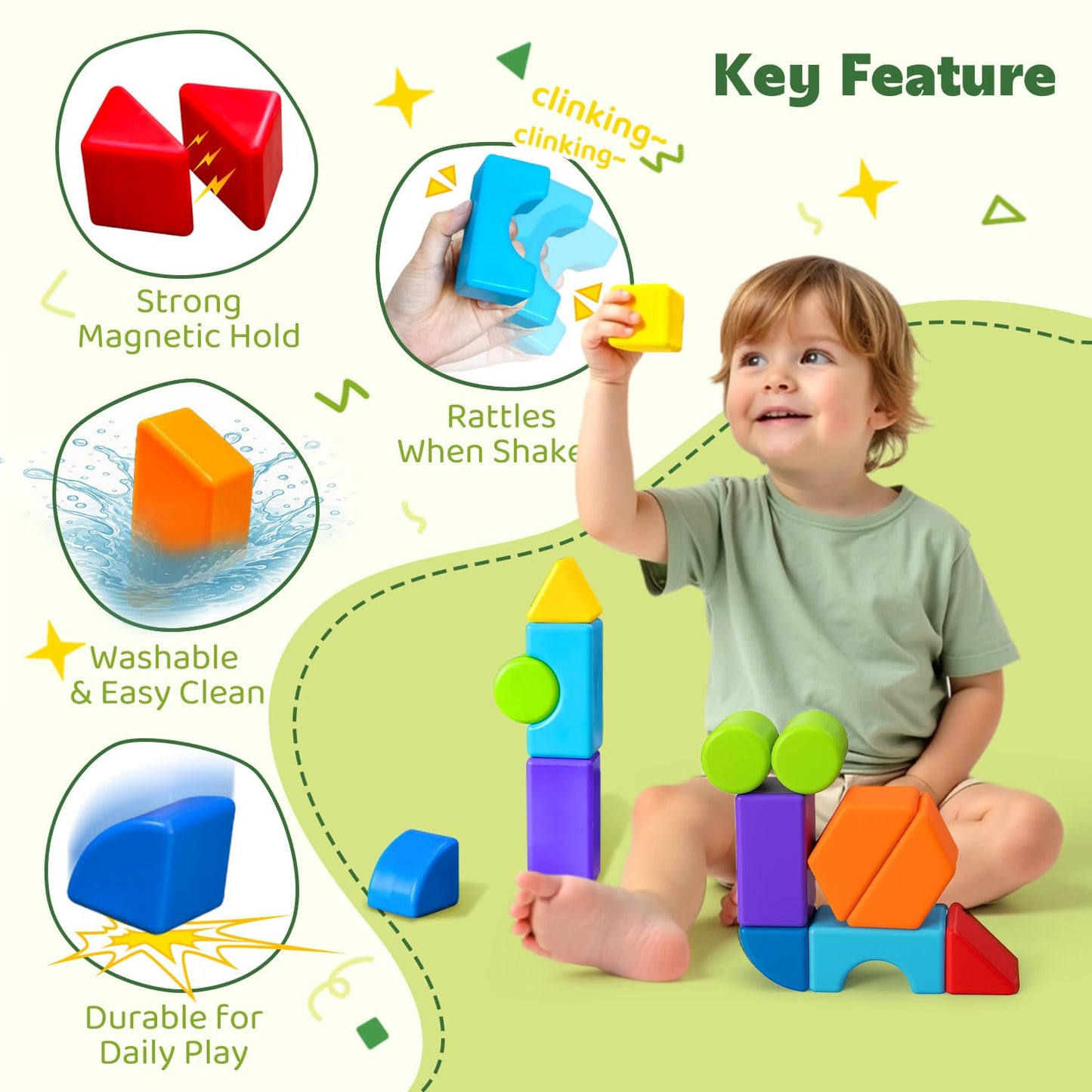 Pairez Toys Magnetic Blocks, Large Building Blocks for Toddlers 1-3, Multi-Shape 3D Stacking Blocks Set, Montessori Learning Sensory Magnet Toys for Boys Girls, Kids Gift (14pcs)