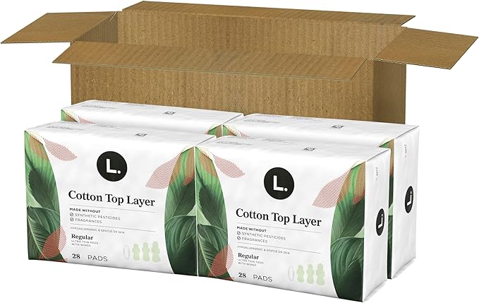 L. Ultra Thin Pads for Women, Regular Absorbency, Organic Cotton Top Layer, Unscented Pads with Wings, 112 CT