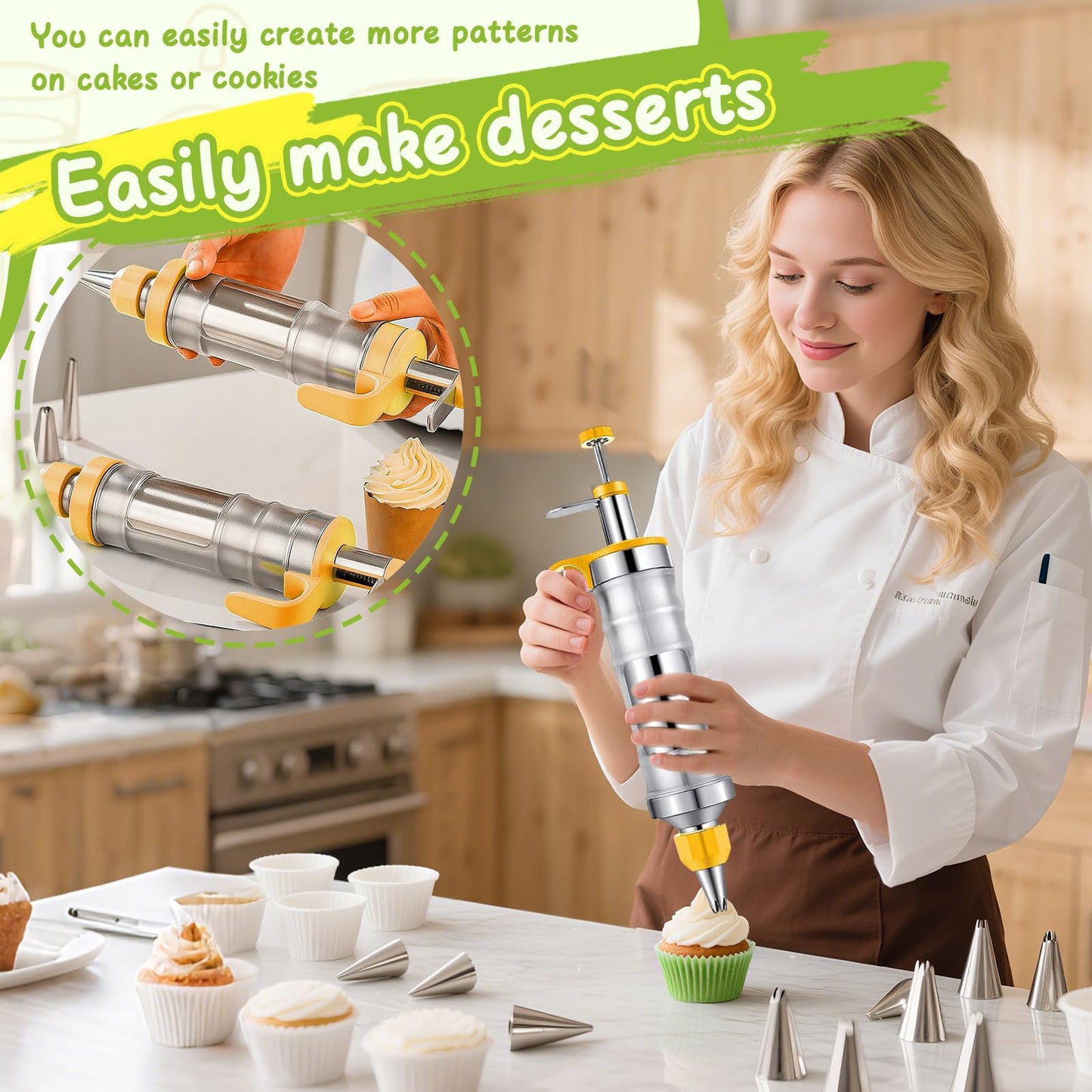 NOVANO Dessert Decorating Syringe Set, Frosting Piping Kit Stainless Steel Cake Decorating Kit with 54 Piping Tips & 9 Silicone Cupcakes, Yellow