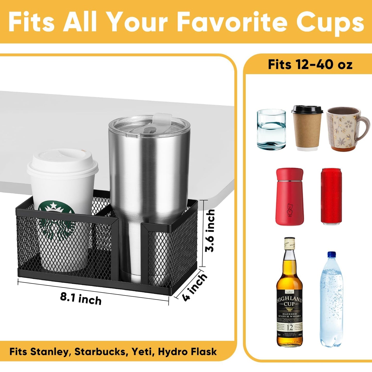 Dual Slots Clip On Metal Desk Cup Holder, Fits up to 40oz cups – No Spill Clamp for Table, Bed, Chair – Large Adjustable Drink Holder for Yeti, Hydro Flask, Starbuck – Mountable Cup Attachment - Black