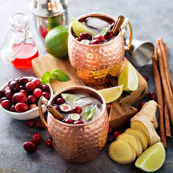 LIVEHITOP Moscow Mule Mugs Set of 4, Handcrafted Copper Cocktail Cups Kit 19.5 oz with Coasters for Cold Drink, Wine, Bar, Party, Hotel, Gift