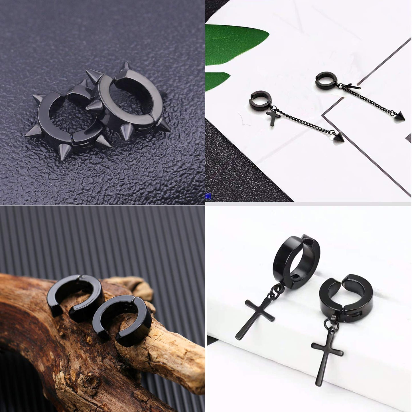 5 Pairs Black Stainless Steel Non-Piercing Spike Rivet Cross Dangle Tassel Clip on Hoop Earrings Set for Women Men, Non Pierced Fake Ear Clip Stud Earrings (Black)