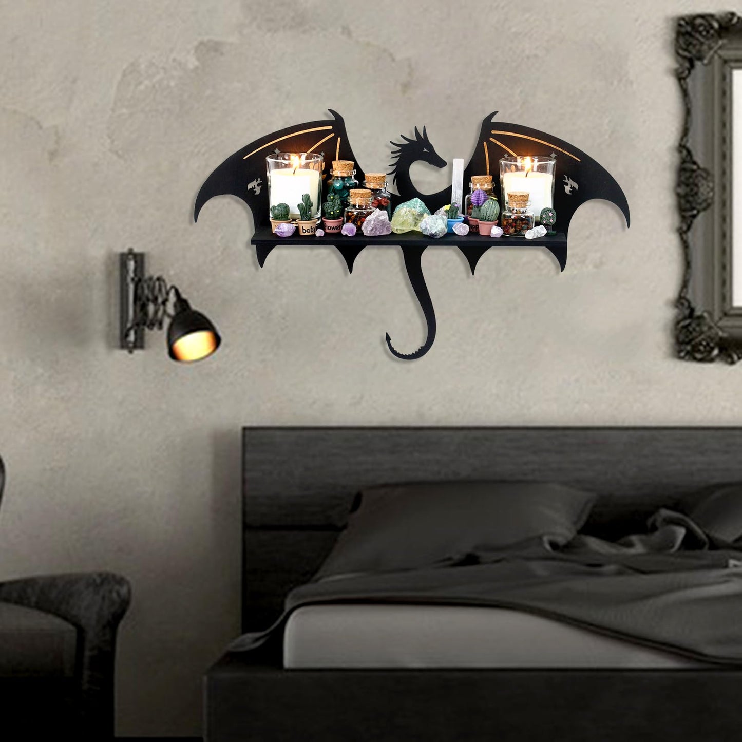 KOYILT Dragon Decor Trinket Shelf Crystal Wall Display Shelf - Rustic Witchy Fantasy Decor for Trinkets, Crystal Storage & Wall Art for Home Altar, Bedroom or Witchy Room (1, Evil Dragon)