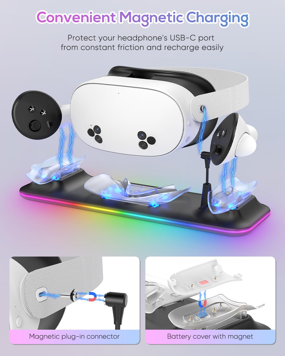 Charging Dock for Meta Quest 3S/3, Kinwin Magnetic Charging Station for Oculus Quest 3S/3 Accessories with RGB Light, Charging Stand for VR Headset & Controller with 2 Rechargeable Batteries (Black)