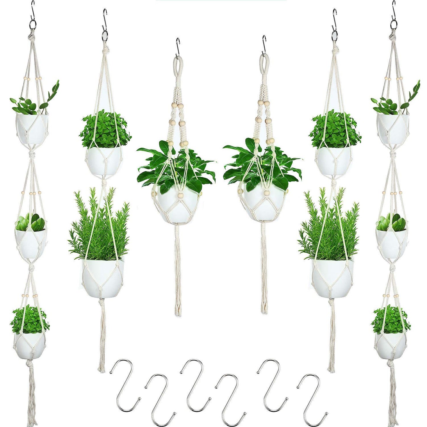 6 Pieces Macrame Plant Hangers with 6 Hooks, Different Tiers, Handmade Rope Hanging Planters Set Flower Pots Holder Stand Hanging Plant Holder for Indoor Outdoor Boho Home Decor (Creamy White)