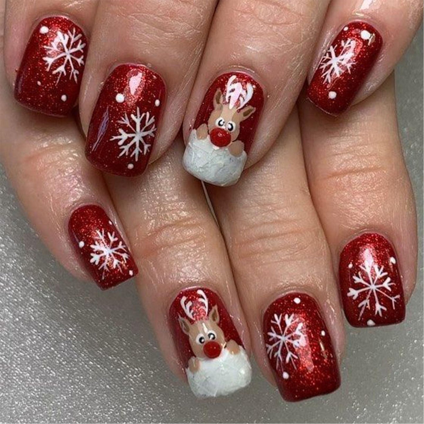 Christmas Red Press on Nails Medium Square Fake Nails Winter Xmas Glue on Nails Snowflake Elk Nails Press ons Glossy Stick on Nails Christmas Acrylic Nails for Women 24 Pcs