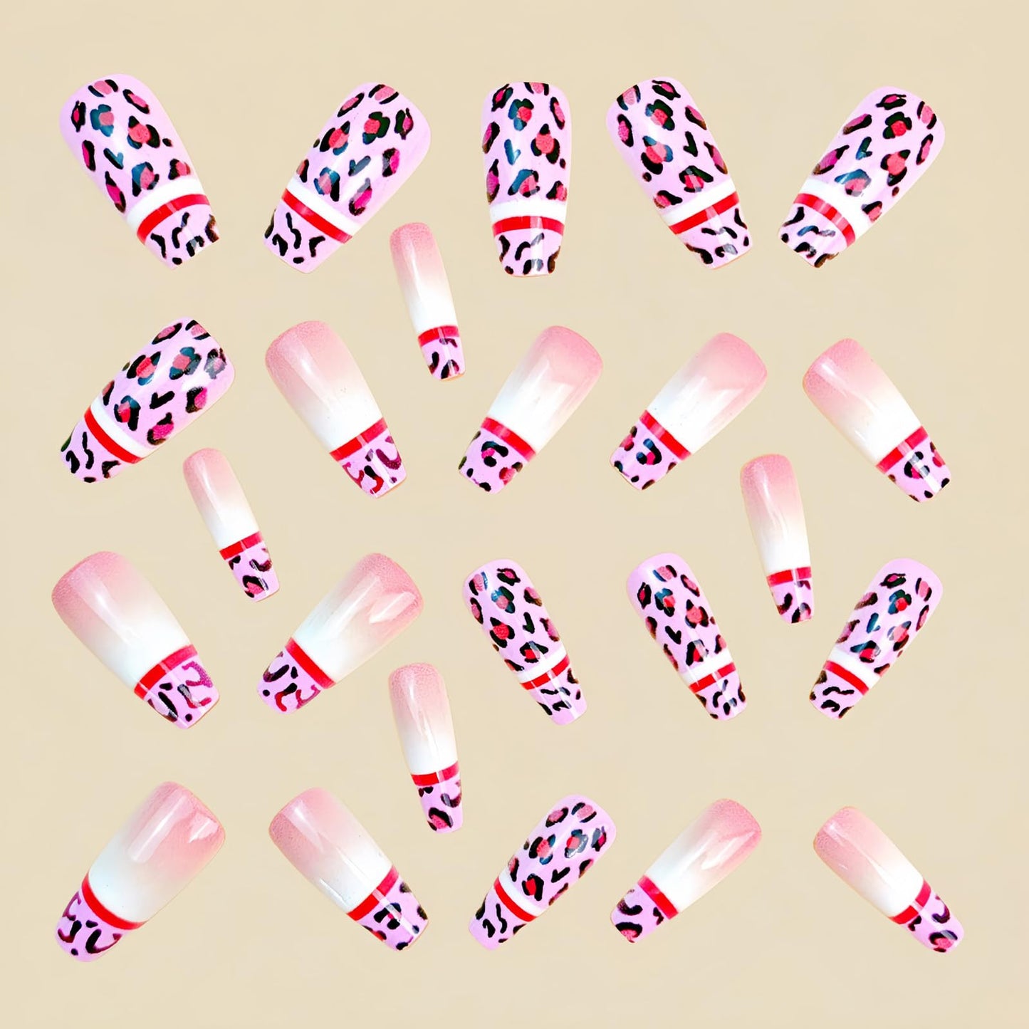 SINHOT Coffin Press on Nails - Long Fake Nails, Glossy Finish, Pink Leopard Print & French Tip, DIY Artificial False Nail Art - 24 Pcs Nail Kit with Glue