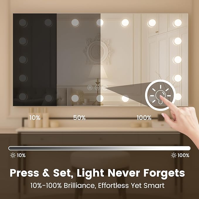 WTTY LED Bathroom Mirror with Lights 40"x24" Hollywood Wall-Mounted Mirror with 3 Color Temperatures, Stepless Dimmable Bulbs, Anti-Fog & Shatter-Proof