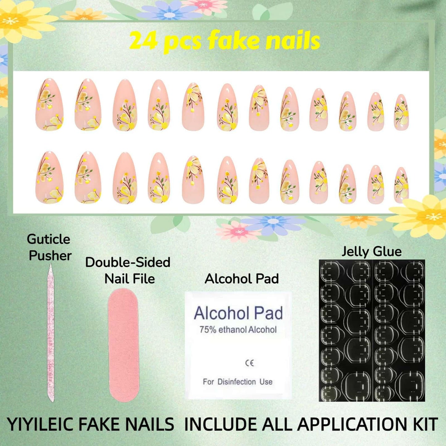 French Press on Nails 24 Pcs Fake Nails Short Almond with Yellow Flower Designs Glue on Nails Full Cover Acrylic Nails Reusable Stick on Nails Glossy Artificial Nails for Women