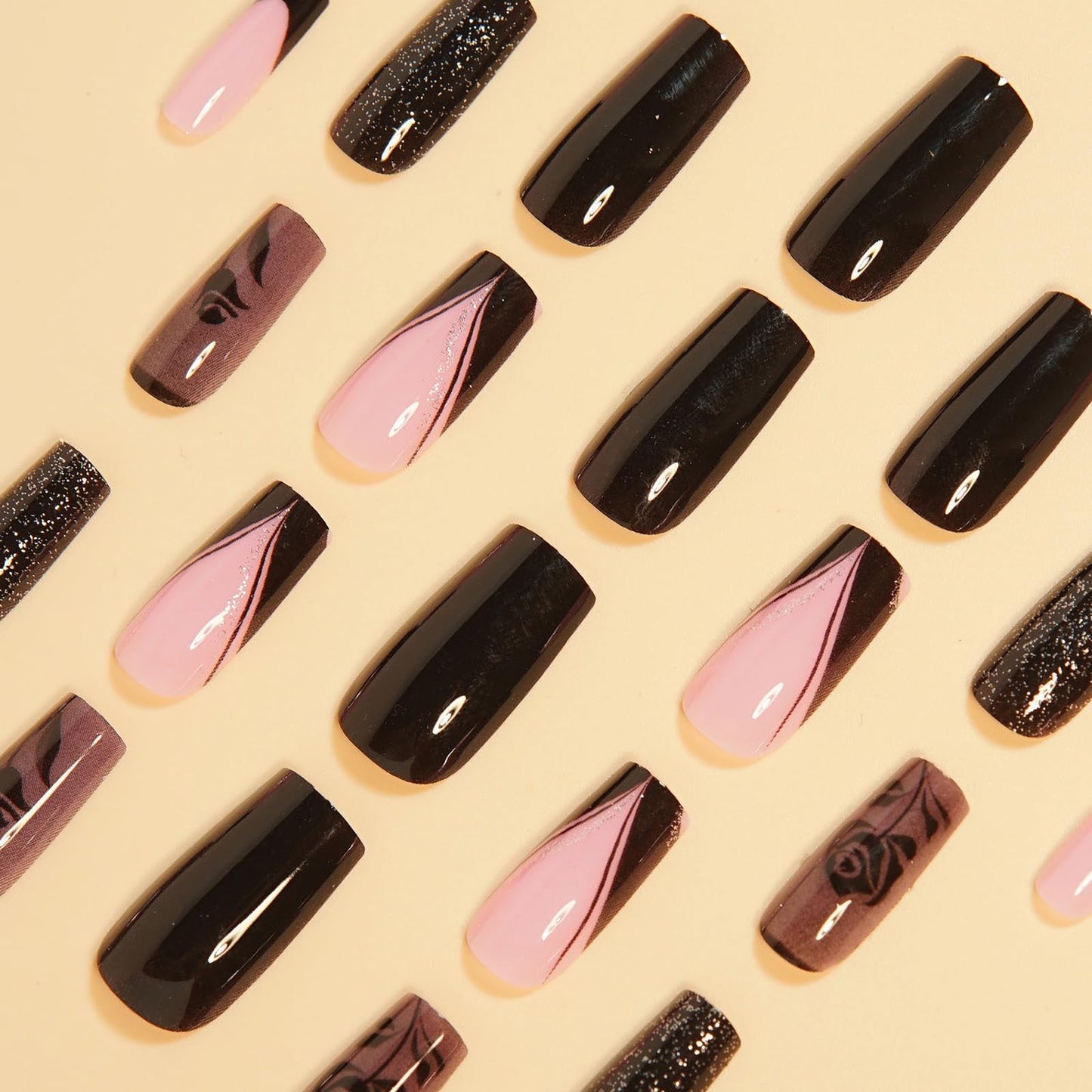 MISUD Press on Nails - Long Square Glue on Nails with Goth Black, Acrylic Gothic Rose Design 24 pcs
