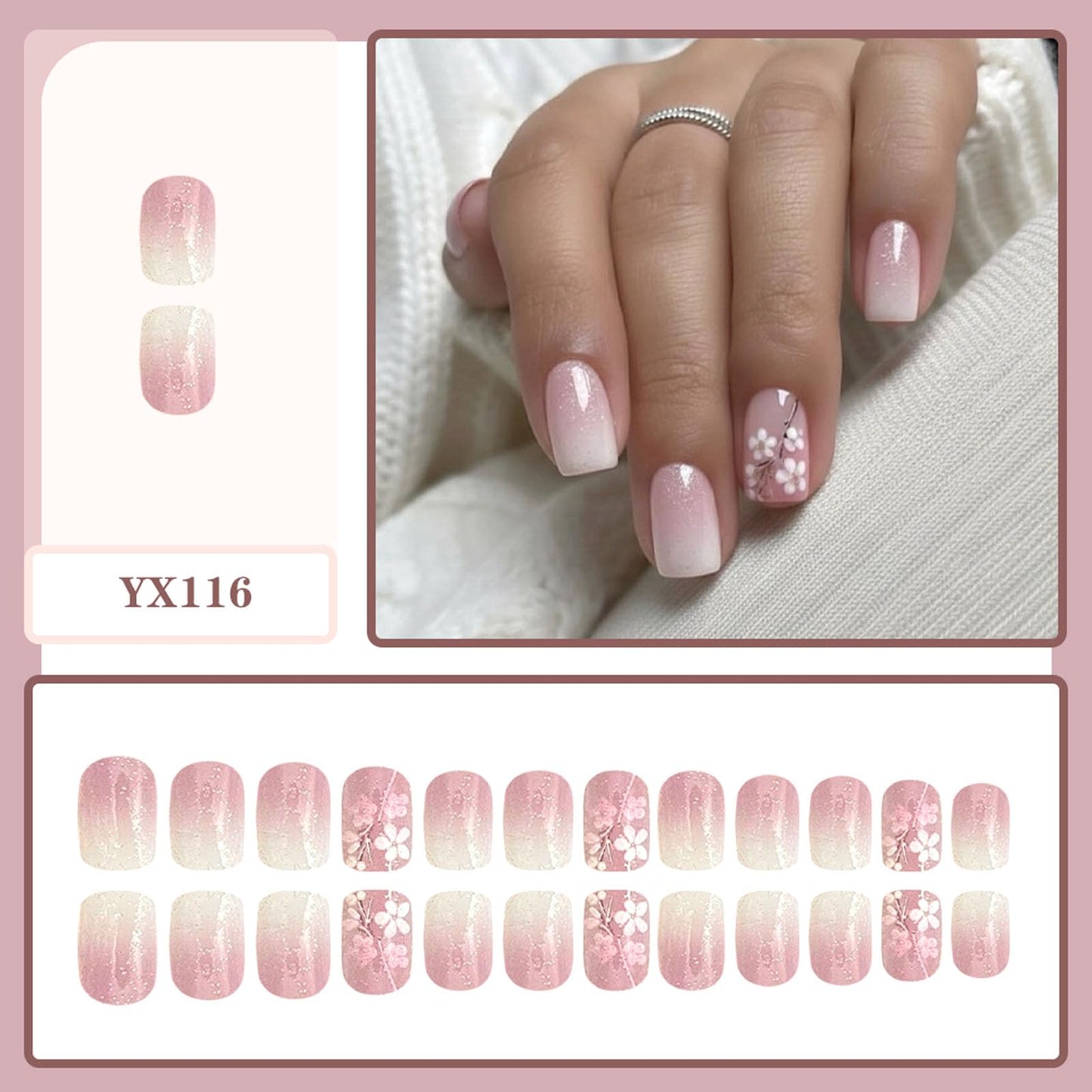 Pink ombre Press on Nails Short Square Glue on Nails with Flowers Glitter Gradient Designs White Fake Nail Full Cover False Nail Press ons Artificial Acrylic for Women 24Pcs