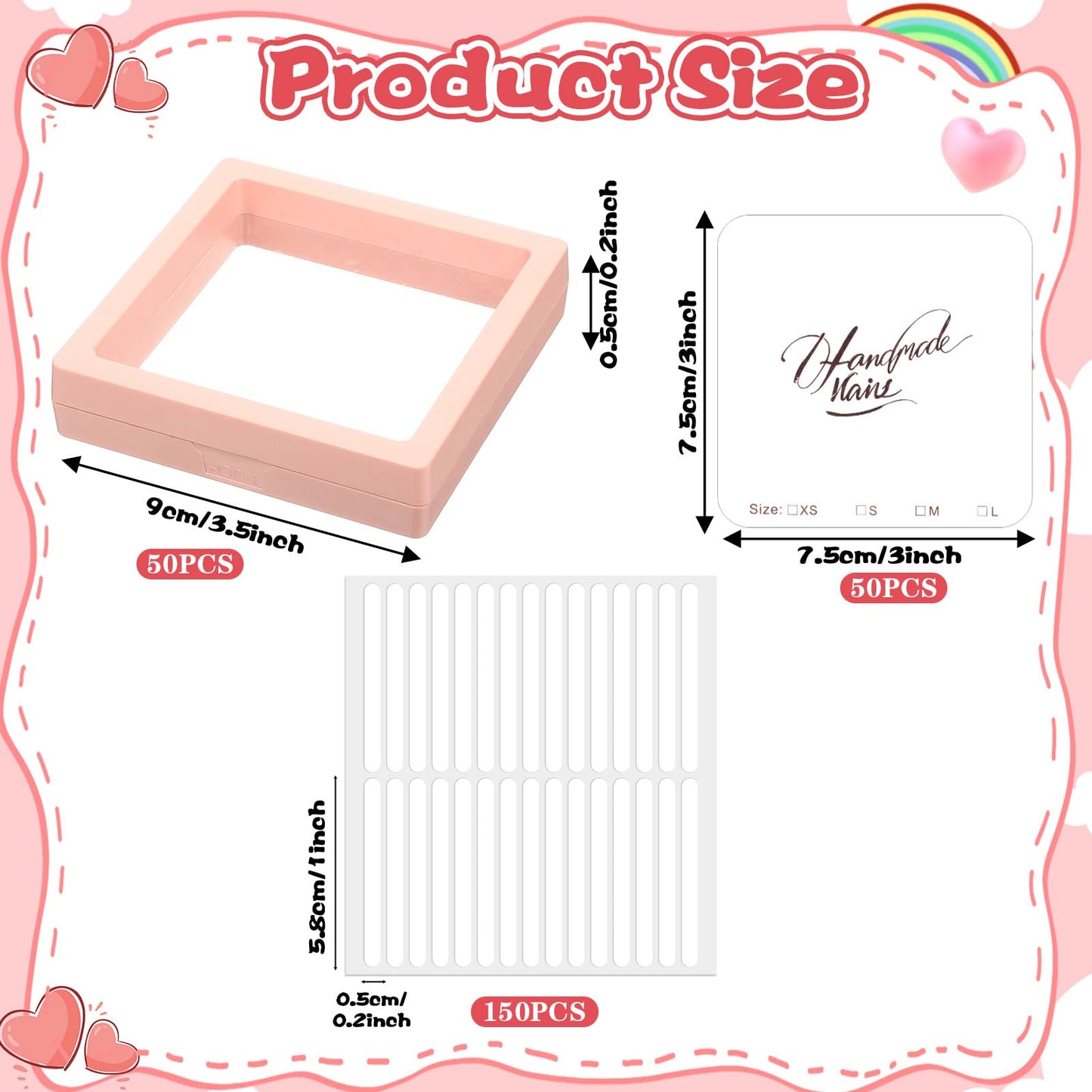 50 Pcs Press on Nail Packaging Box with 150 Adhesive Tapes, 50 Display Cards - 3D Floating Frame Acrylic Organizer Storage Case for Artificial Nails, Home Salon, Art Business (Pink)