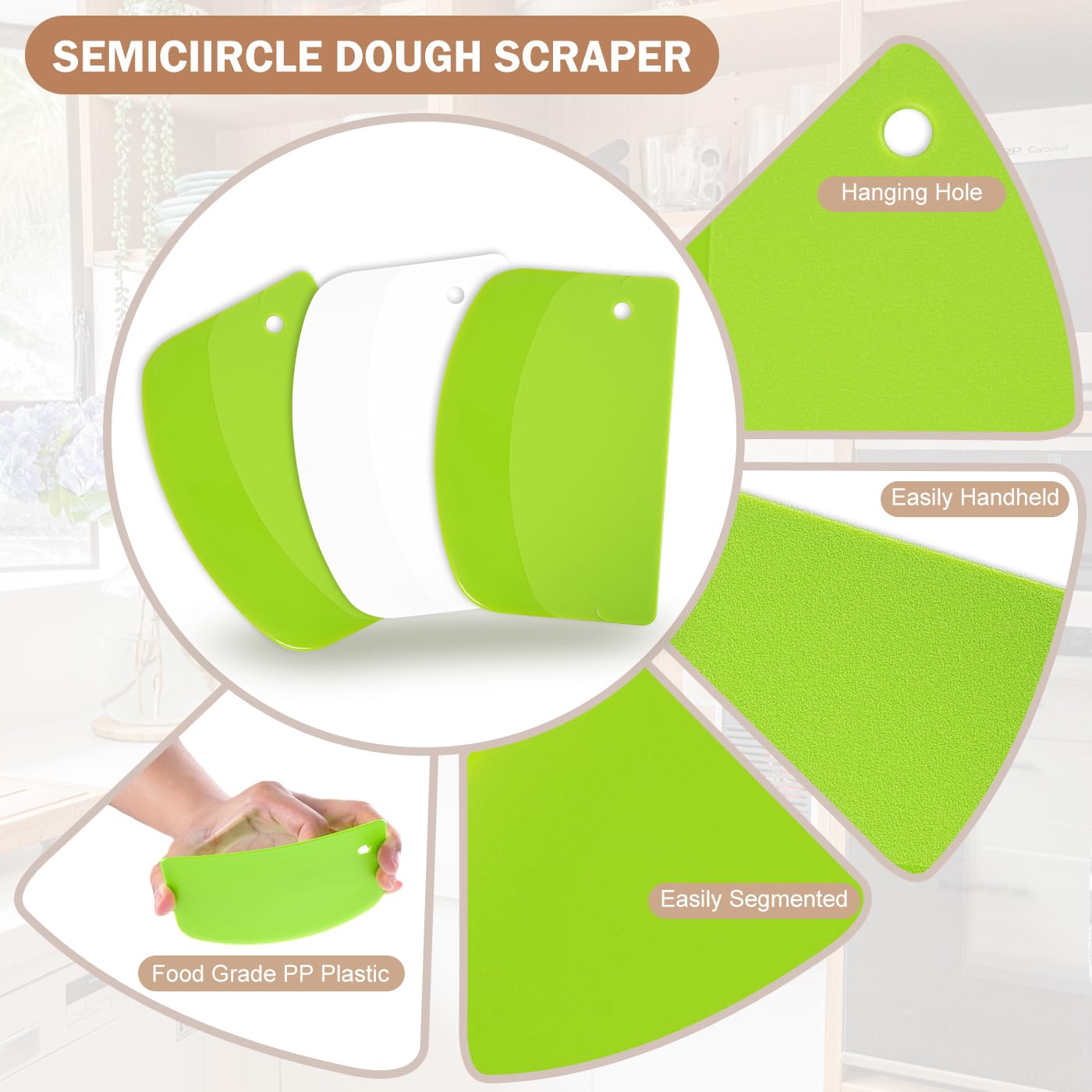 5 Pcs Bench Scraper, Bench Scraper Kitchen 2 Pcs Stainless Steel Dough Scraper with Wood Handle and 3 Pcs PP Food Scraper with Hanging Hole, Multipurpose Bread Dough Cutter for Baking-Green