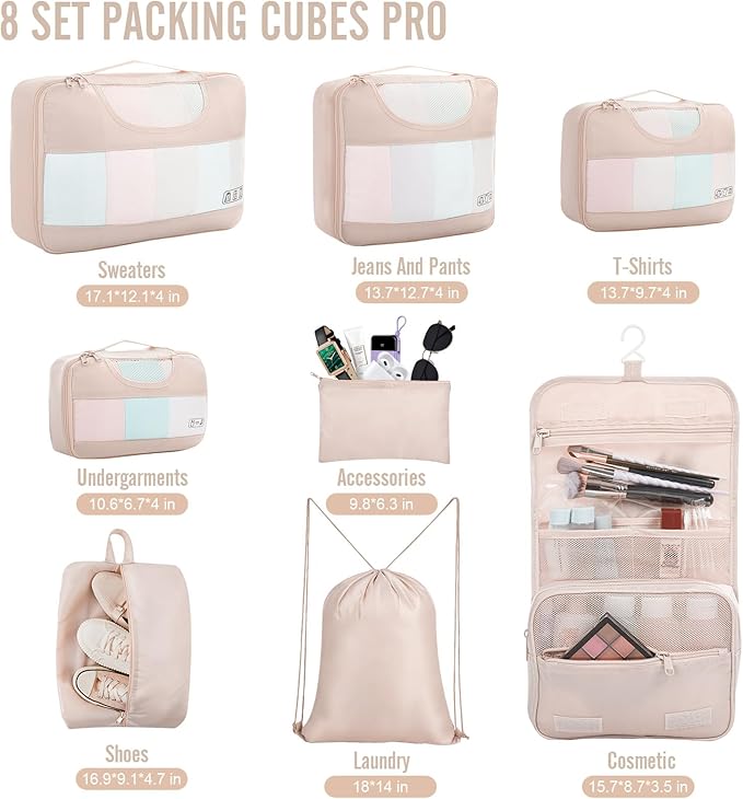 Veken 8 Set Packing Cubes for Travel, Birthday Gifts for Women Mom Her, Cruise Ship Essentials Accessories for Beach Vacation, Suitcase Organizer Bags for Luggage with Hanging Toiletry & Shoe Bag
