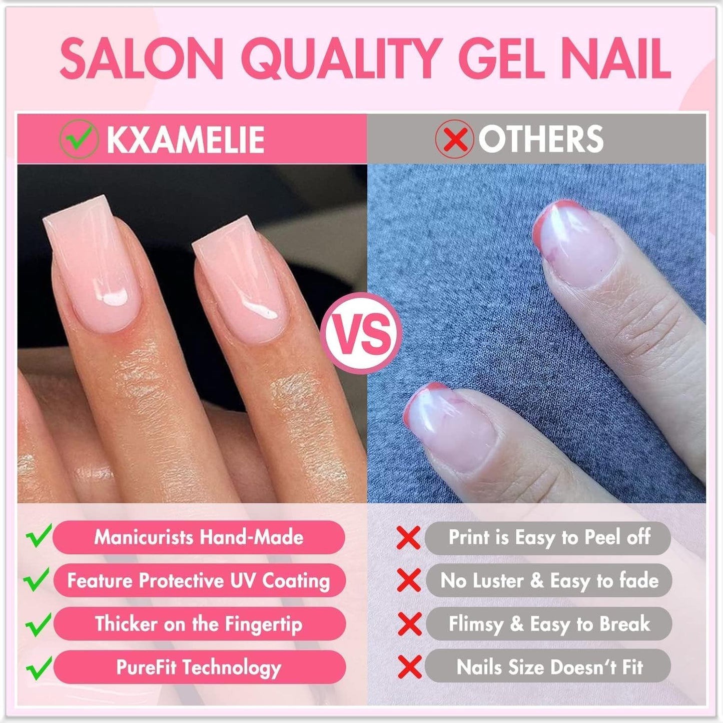 Blue Press On Nails Short Square, KXAMELIE Natural Gel Nails Glue on Acrylic Nails Press ons Featured Protective Coat Thick Reusable Fake Nails Solid Color 24 Short Coffin Artificial Nails