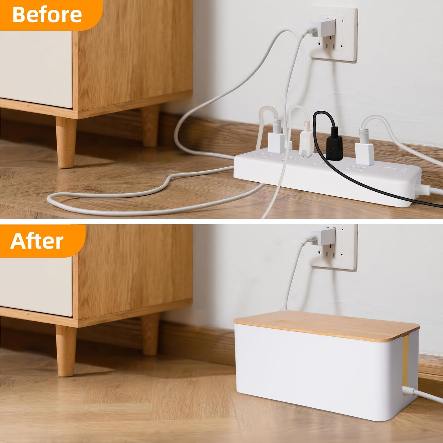 2 Pack Cable Management Box – Child and Pet-Proof Cord Organizer with Bamboo-Style Design, Large Capacity Cable Cover for Hiding TV Wires, Computer Cables, Power Strips,and USB Hubs, White