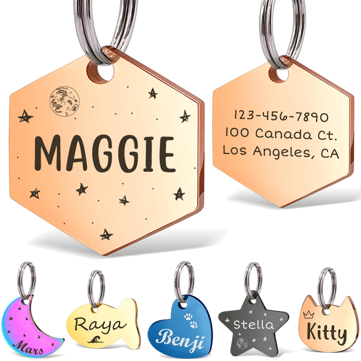 Anavia Small Size Dog Cat ID Tags, Small/XS Personalized Color Plated Stainless Steel Puppy Kitten Name Tags, Customized Engraved Nameplate Pet Collar Tag (Blue, Star)