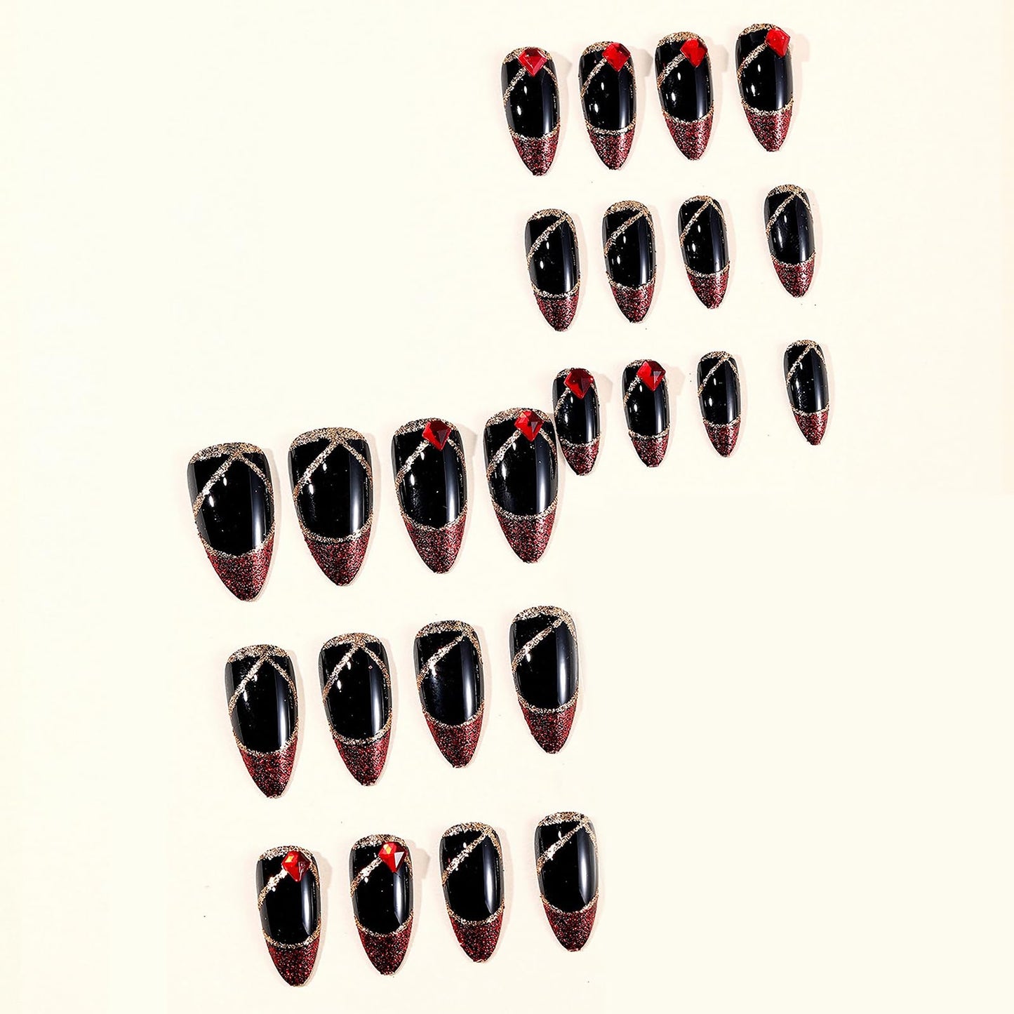 MISUD Press on Nails - Medium Almond Fake Nails with Goth Red Black, Acrylic Bling Glitter Rhinestone Design 24 pcs
