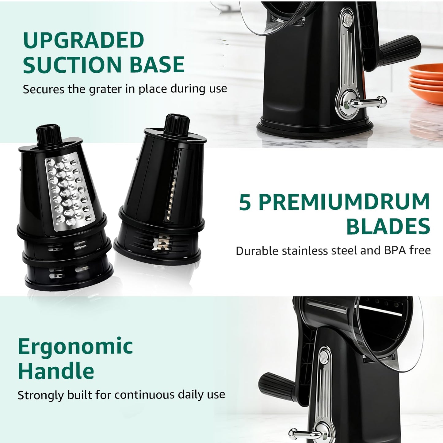 EVUCBEITS Rotary Cheese Grater Hand Crank - Cheese Shredder with 5 Blades & Strong Suction Base, Mandoline Slicer Vegetable Chopper, Kitchen Gadgets with Storage Box, Black