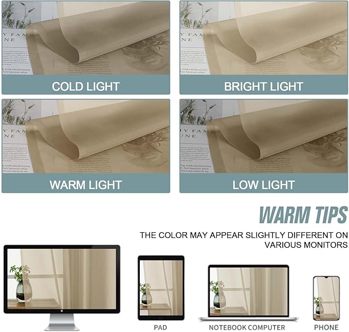 Taupe Small Sheer Curtains Tier 24 Inches Length 2 Pieces, Light Filtering Cafe Curtains Sheers for Living Room Bathroom, Modern Window Treatments Dual Rod Pocket Panels, 2X42Wx24L Inches
