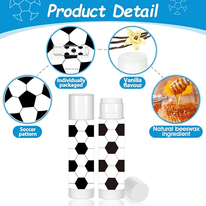 12 Pack Soccer Lip Balm for Soccer Theme Party Bulk Gifts,Beeswax Moisturizing Lip Balm,Vanilla Flavor Plumping Chapstick for Soccer Team Girls kids Men Women Sports Lovers