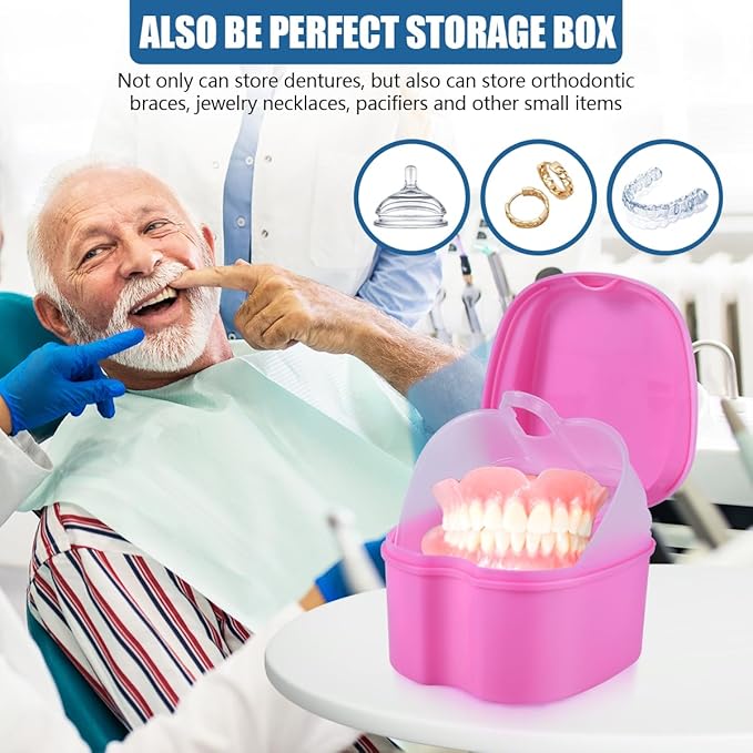 2 Pack Colors Denture Bath Case Cup Box Holder Storage Soak Container with Strainer Basket for Travel Cleaning (Pink and Purple)