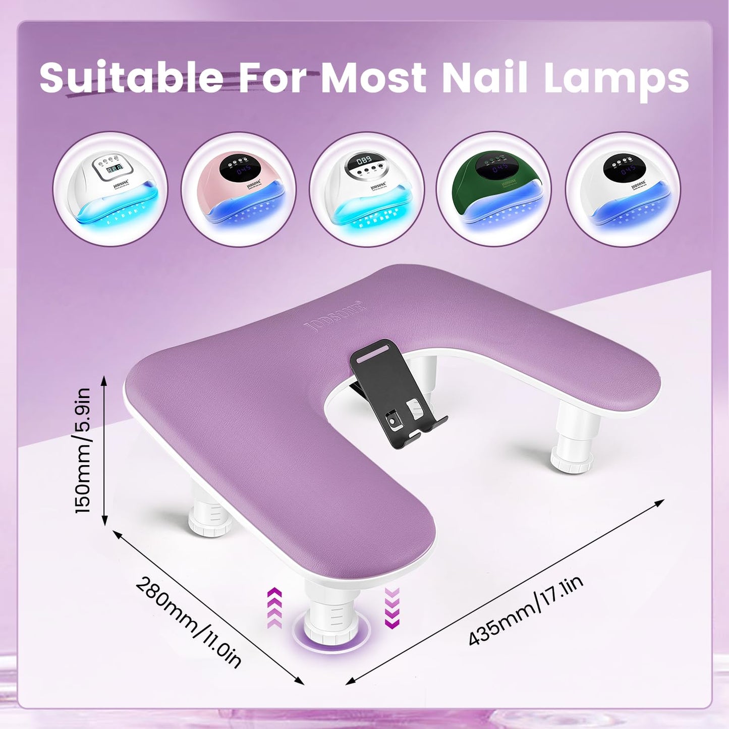 JODSONE Purple U-Shaped Manicure Arm Rest for Nails Tech with Rotating Phone Holder and Adjustable Nail Arm Rest Detachable Manicure Hand Rest for Salon Design