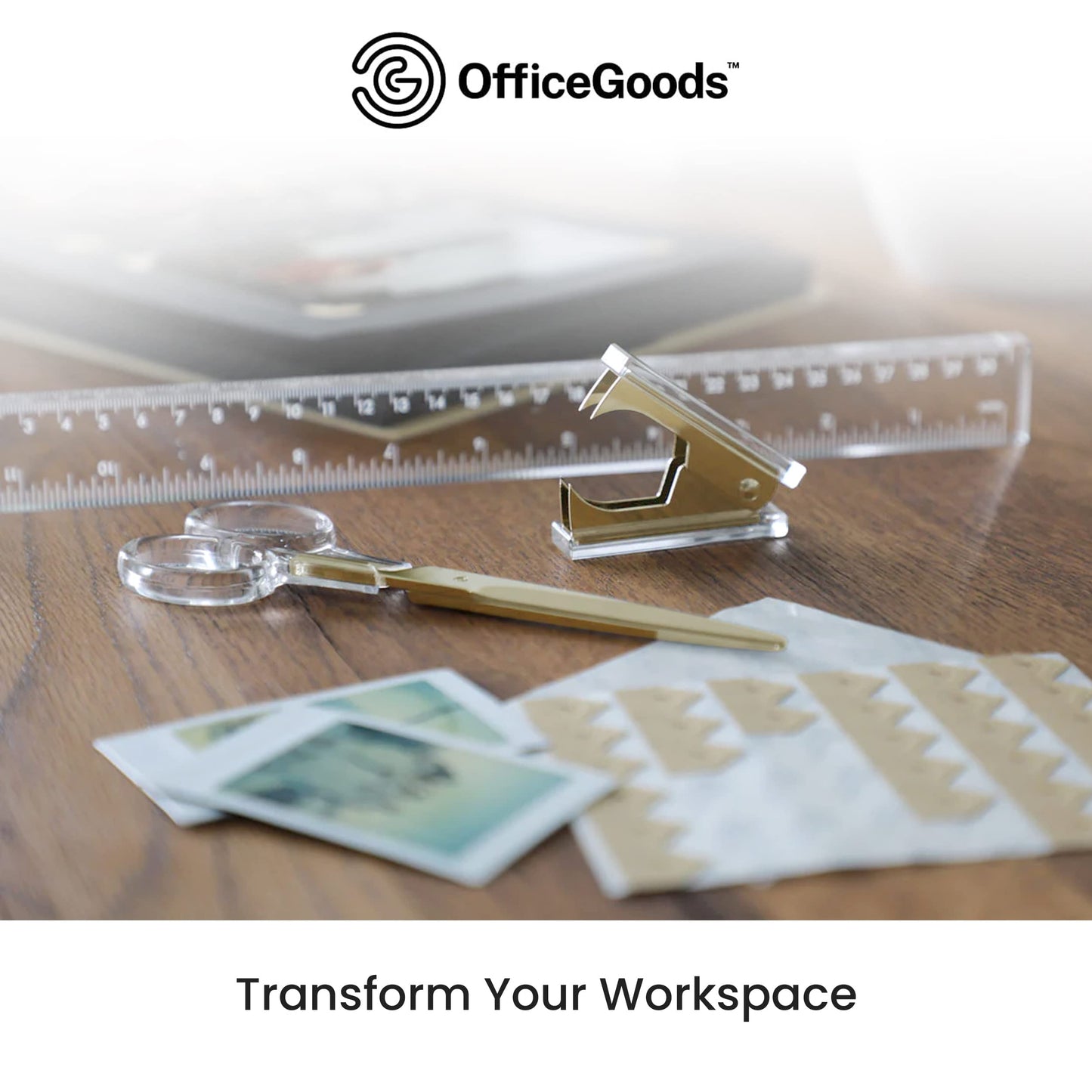 OfficeGoods 3 Piece Acrylic Desk Set - Includes Ruler, Staple Remover, Scissors - Functional & Elegant Desk Accessories - Stationary Tools for Home, Office, and School - Gold