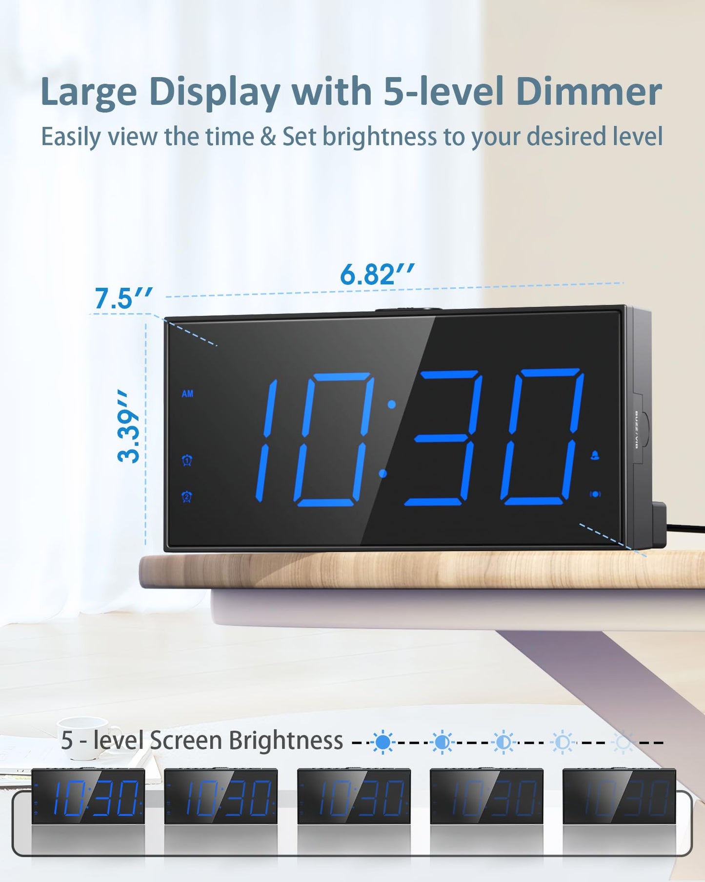 Roxicosly Loud Alarm Clock with Bed Shaker, Vibrating Alarm Clock for Heavy Sleepers/Hard of Hearing/Deaf,Dual Alarms, 7.5’’ Large LED Display, Dimmer, USB Charging Port, Plug-in with Memory Function