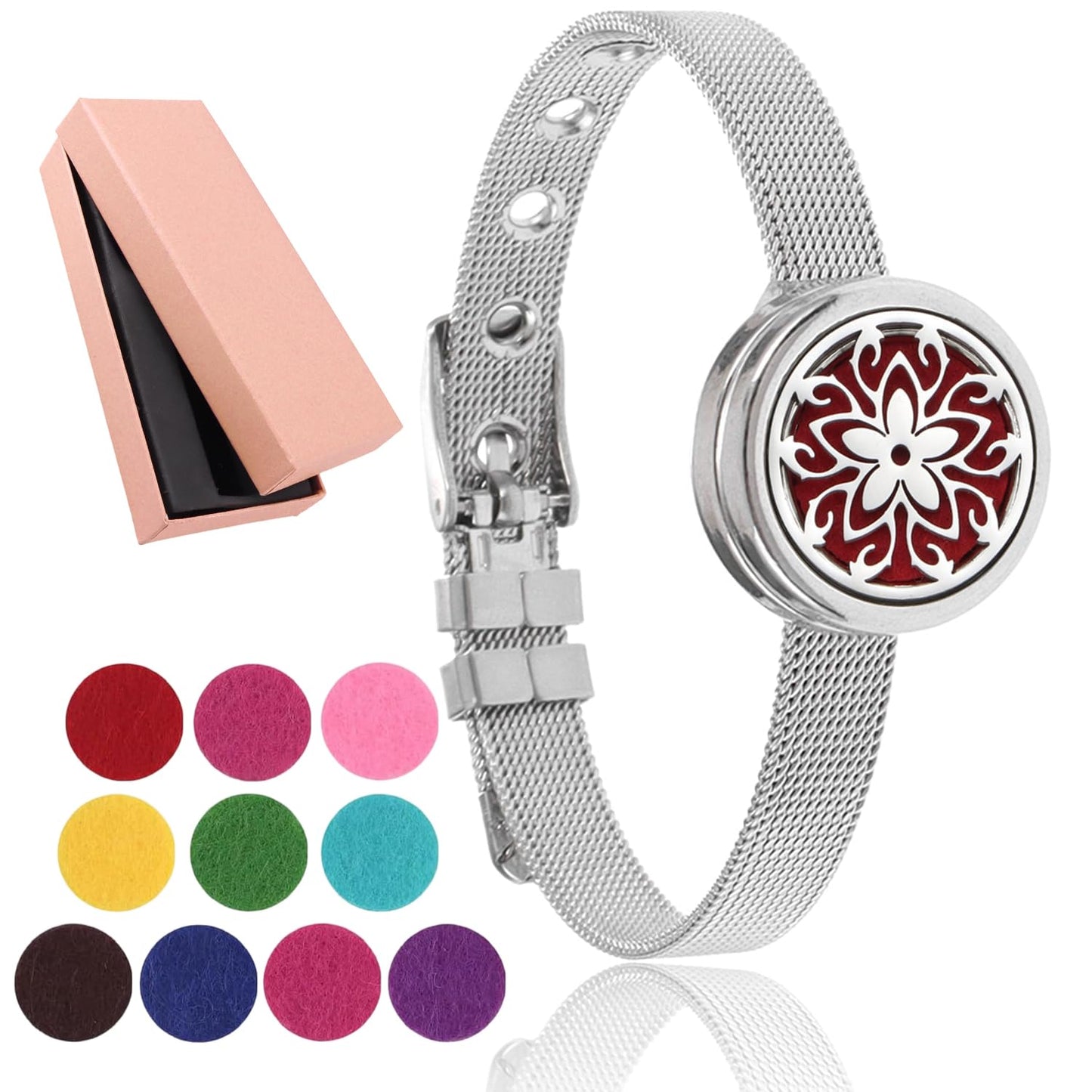 Essential Oil Diffuser Bracelet with Gift Box Aromatherapy Locket Adjustable Stainless Steel Flowers Watch Chain Bracelet with 10 Pcs Refill Pads for Women