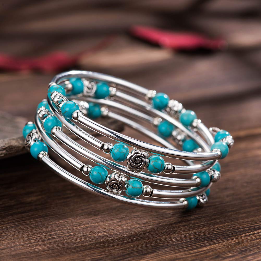 BULINLIN Wrap Bangle Rose Bead Bracelet - Beaded Bracelet with Natural Agate Stone Gifts For Women(01-Turquoise)