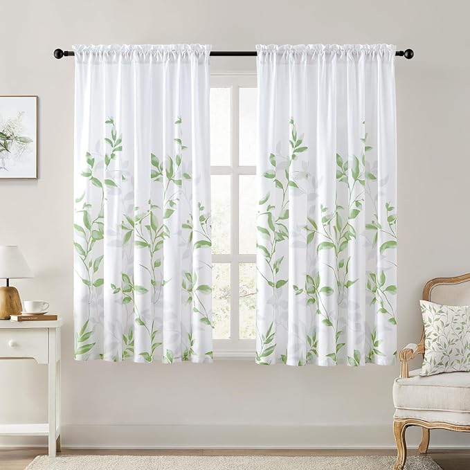 HOMEIDEAS Non-See-Through Sage Green and White Privacy Sheer Curtains 52 X 63 Inch Length 2 Panels, Leaf Floral Printed Light Filtering Semi Sheer Window Curtains Drapes for Bedroom Living Room