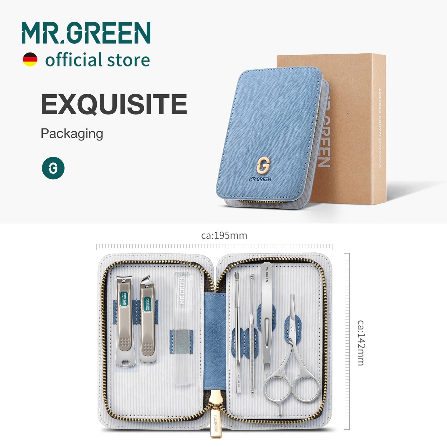 MR.GREEN Fashion Imprint Manicure Sets Professional Nail Clipper Set Personal Care Tool Kits Nial Cutter Gift with Leather Case (Blue(7Pcs Set))