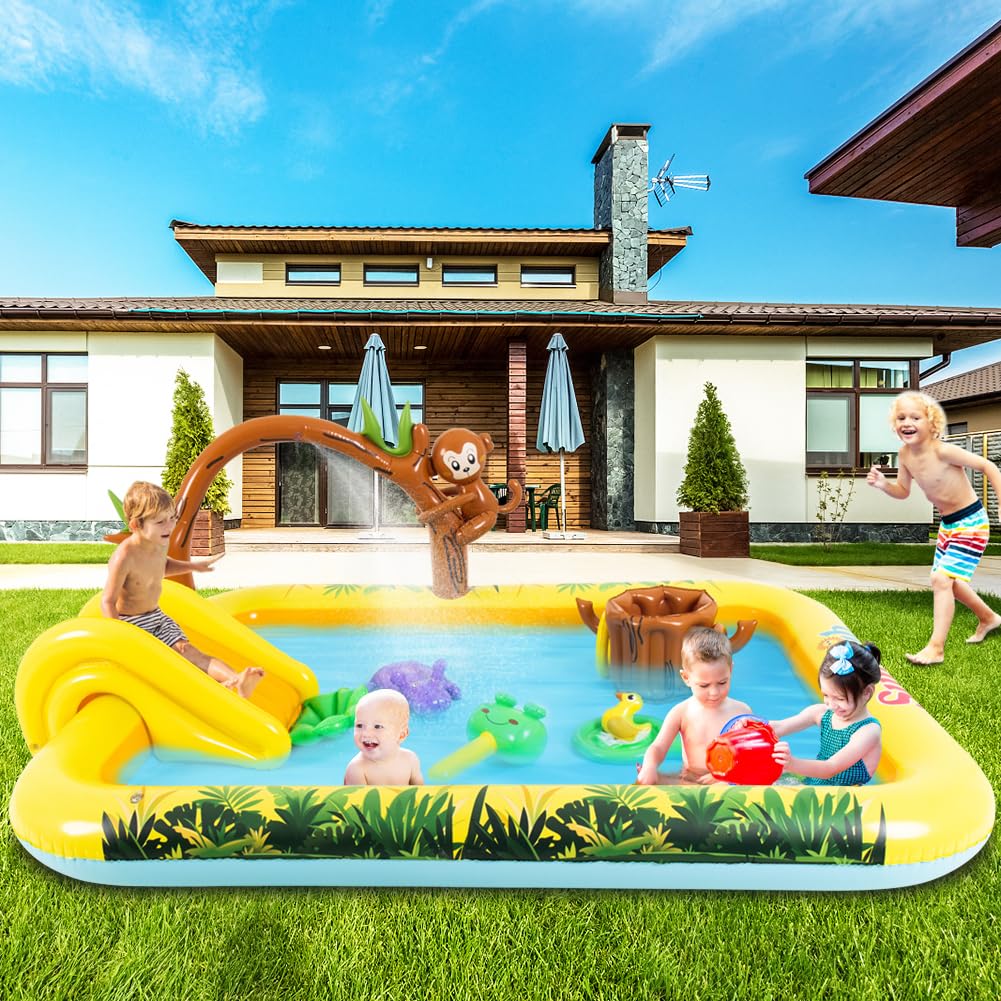 Inflatable Play Center, Inflatable Swimming Pool with Slide, Cartoon Animals Sprinkler Toy with Base Pool, Monkey, Tree Stump for Garden Backyard