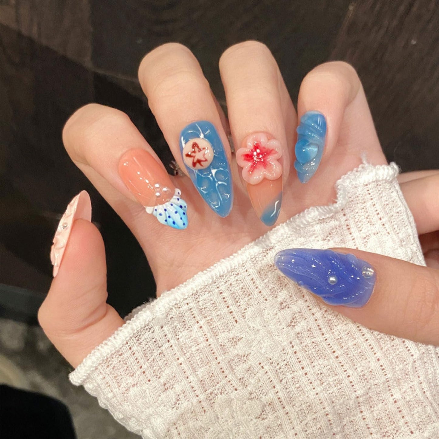 Luxury Handmade Press on Nails Medium Almond Nails with Glue,Blue Fake Nails 3D Flower Art Design Muti-Layer Gel Acrylic Thick Stick on False Nails for Women(Size S)