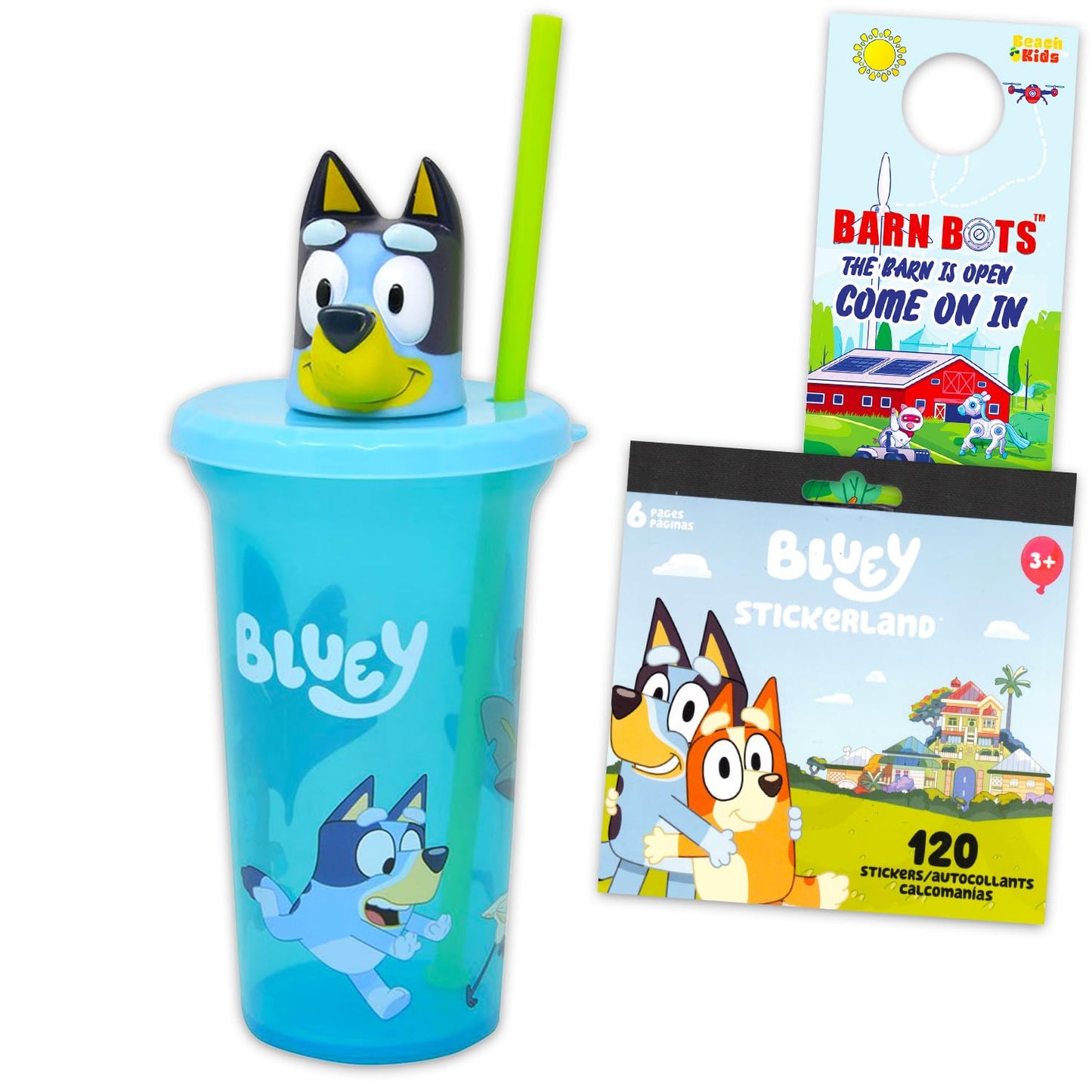 Bluey Cup with Lid 15oz for Kids, Girls, Boys - 4-Piece School Supplies Bundle with Drinking Straw Bottle, Stickers, Plus More | Bluey Drinking Water Bottle for Kids