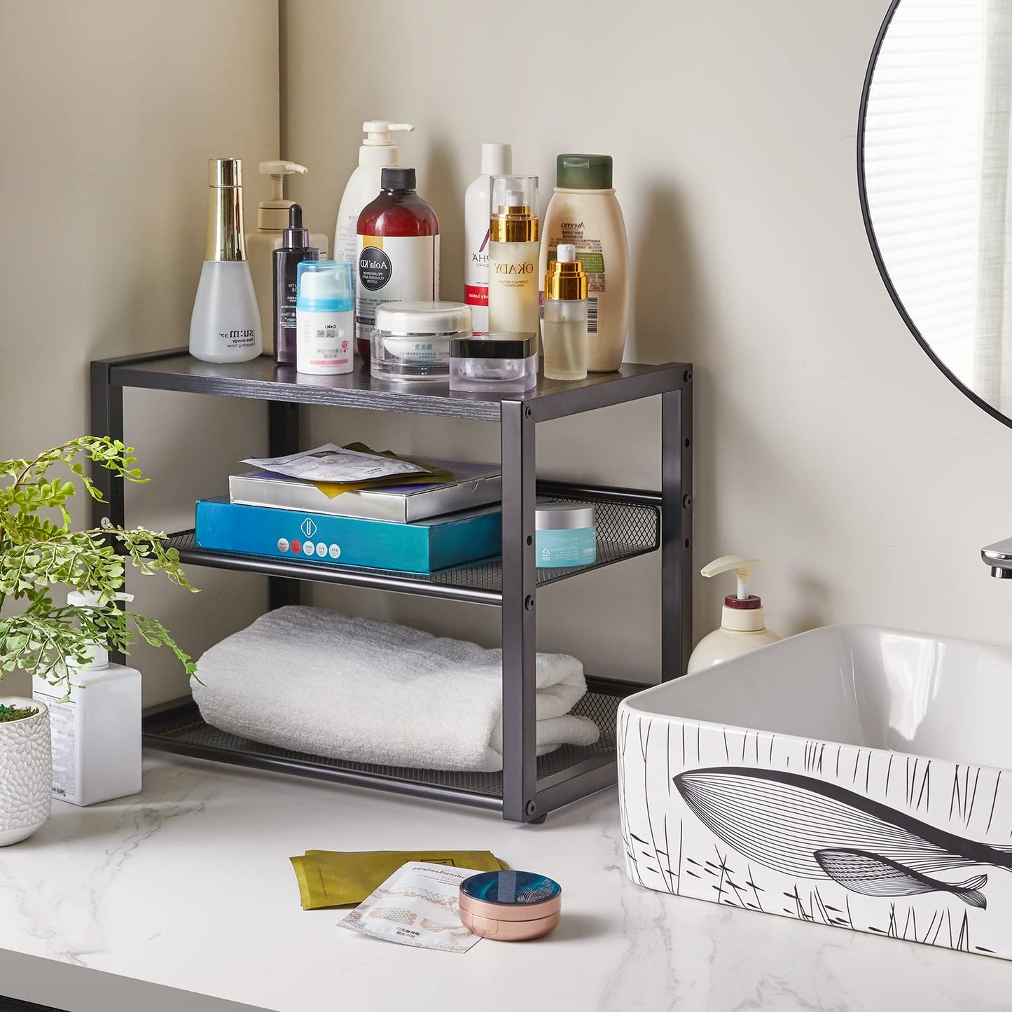 YMYNY Desktop Printer Stand, 3 Tiers Desk Organizer with Adjustable Storage Shelves, Multi-Purpose Printer Shelf for Home Office, Fax Machine, Scanner, Files, Books, Black, UHPT001B
