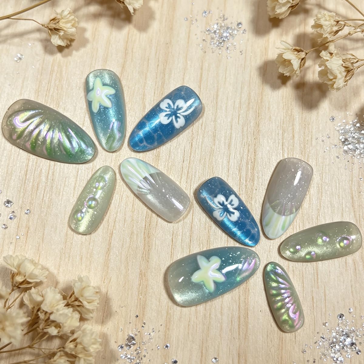 3D Press On Nails Almond Medium Light Blue Fake Nails with French Cat's Eye Embossed Flower&Lines Summer Designs, Acrylic Artificial Nail Press ons False Stick On Nails for Women Girls 30Pcs