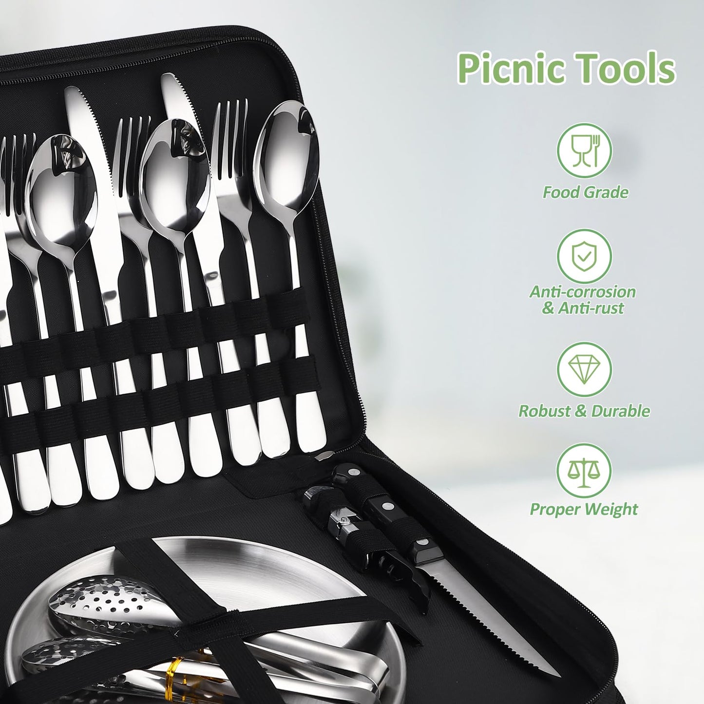 Camping Kitchen Utensils Set - 24 Piece Travel Silverware Cutlery Organizer with case Stainless Steel Reusable Cooking Utensils for 4 Person - Perfect for Hiking, Picnics, Backpacking & BBQ Mess Kit