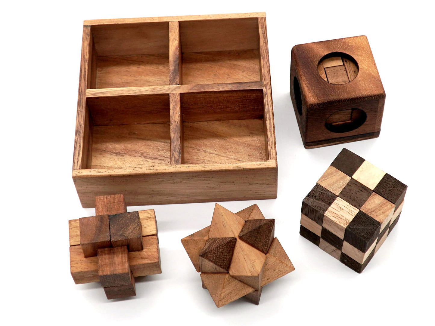 BSIRI Wooden Puzzle Box Set (4 Games) - Challenging Brain Teasers 3D Puzzles for Adults Interlocking Games for IQ Test Ideal for Rustic Patio Decor Unique Gift for Christmas and Birthdays
