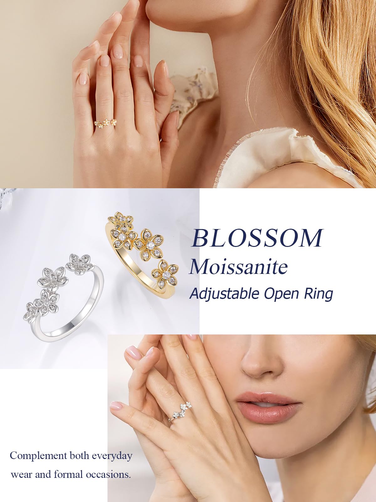 CYW Sterling Silver Moissanite Ring Adjustable Flower Floral Womens Stacking Open Rings Size 9