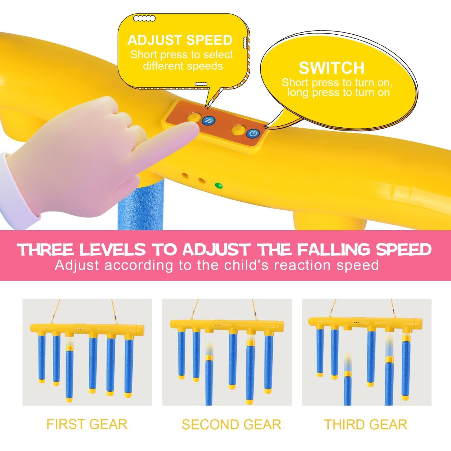 Reflex Drop Sticks Challenge Game, Reaction Time Training, Hand Eye Coordination Training, Upgrade Remote Control 3 Adjustable Speed Modes Hand, Fun Catching Stick Game (Yellow)