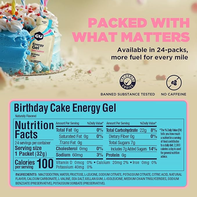 GU Energy Original Sports Nutrition Energy Gel, Vegan, Gluten-Free, Kosher, and Dairy-Free On-the-Go Energy for Any Workout, 24-Count, Birthday Cake