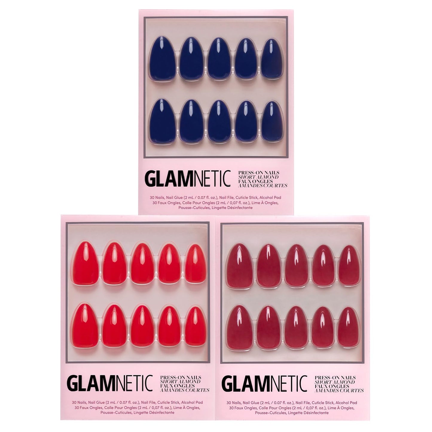 Glamnetic Press-On Nails Bundle - Fiery & Classic Red, Midnight Blue | Bright Fake Nails | Cool Toned Timeless Red False Nails | Dark Navy Blue Nails | Three sets of short almond opaque nails
