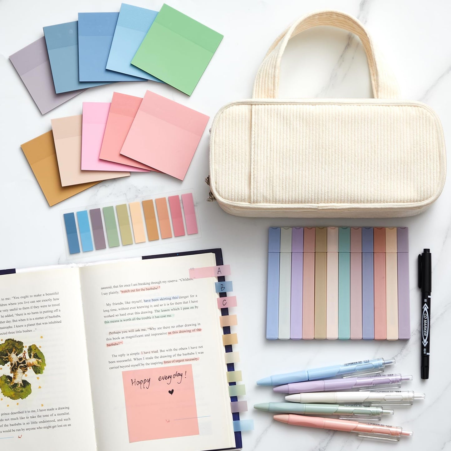 Jutom 39 Pcs Aesthetic Book Annotation Kit Highlighter with Pencil Case Bag Gel Pen Transparent Sticky Note Taking Bible Study College School Supplies(White,Classic Style)